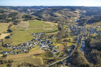 Aerial view, new residential area, local view Heisberg Albaum with Herz-Jesu church, wooded area,