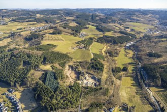 Aerial view, quarry Behle Naturstein, forest area and distant view, Würdinghausen, Kirchhundem,