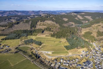 Aerial view, construction site with new road construction Am Hesternberg, meadows and fields with