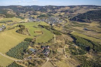 Aerial view, Hotel Carpe Diem, forest area hilly landscape with forest damage, view to Oberhundem