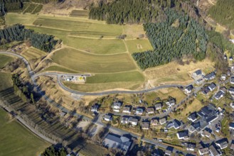 Aerial view, construction site with new road construction Am Hesternberg, meadows and fields with