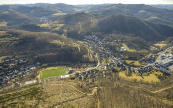 Aerial view, football stadium sports field FC Kirchhundem and tennis courts TC Rot-Weiß Kirchhundem
