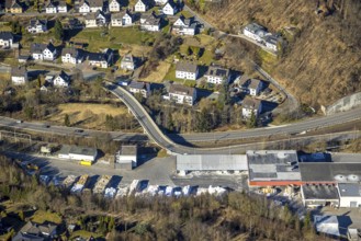 Aerial view, town view and curved Antoniusstraße with bridge over the federal road B517 in Hofolpe,