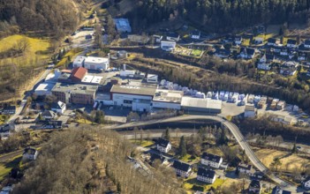Aerial view, Grünewald Papier factory premises, view of the village and curved Antoniusstraße with
