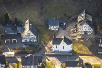Aerial view, church chapel Wirme and half-timbered houses in Wirme, Kirchhundem, Sauerland, North