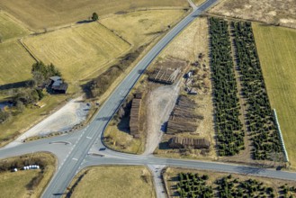 Aerial view, lumberyard at the state road L728, Brachthausen, Kirchhundem, Sauerland, North
