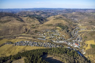 Aerial view, residential area local view Hofolpe, forest area hilly landscape with forest damage,