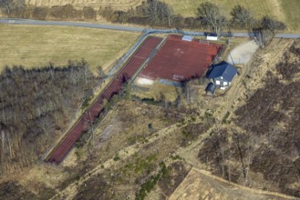 Aerial view, sports field and running track, Alter Kirchweg, Kirchhundem, Sauerland, North