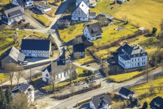 Aerial view, church and chapel of St. Johannes Baptist in the town centre, Flape, Kirchhundem,