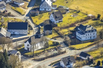 Aerial view, church and chapel of St. Johannes Baptist in the town centre, Flape, Kirchhundem,