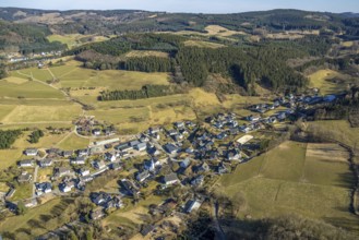 Aerial view, residential area, view of Marmecke with St. Antonius Church, wooded area, hilly