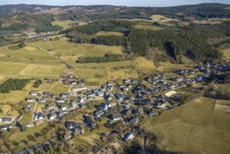 Aerial view, residential area, view of Marmecke with St. Antonius Church, wooded area, hilly