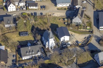 Aerial view, St. Antonius parish church in the town centre, Marmecke, Kirchhundem, Sauerland, North