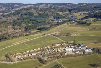Aerial view, Jürgens Holzbearbeitung GmbH sawmill, forest area hilly landscape with forest damage,