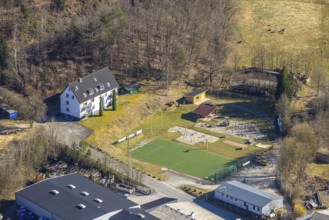 Aerial view, multi-generational sports park playground and sports field Albaumer Straße,