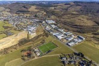 Aerial view, commercial area In der Welsmicke, football stadium sports ground SV Rahrbachtal 1989 e