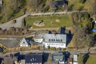 Aerial view, Alte Schule Hochstraße and playground Rahrbach, Rahrbach, Kirchhundem, Sauerland,