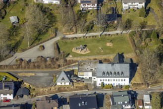 Aerial view, Alte Schule Hochstraße and playground Rahrbach, Rahrbach, Kirchhundem, Sauerland,
