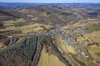 Aerial view, residential area local view Benolpe, forest area hilly landscape with forest damage,