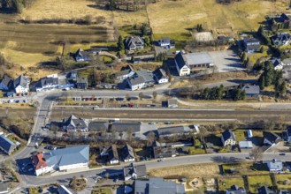 Aerial view, half-timbered station building Kirchhundem-Welschen Ennest railway station, tracks and