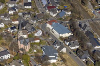 Aerial view, catholic St. Johannes Baptist church, Welschen Ennest, Kirchhundem, Sauerland, North