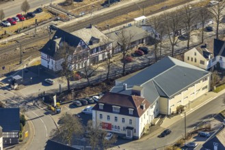 Aerial view, half-timbered station building Kirchhundem-Welschen Ennest railway station, tracks and