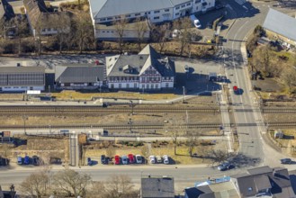 Aerial view, half-timbered station building Kirchhundem-Welschen Ennest railway station, tracks and