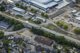 Aerial view, large construction site motorway junction Herne with tunnel construction, motorway A43