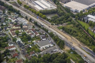Aerial view, large construction site motorway junction Herne with tunnel construction, motorway A43