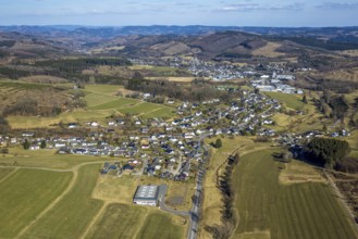 Aerial view, local view with church Rahrbach and old school, hilly landscape with distant view,