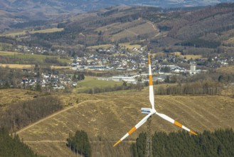 Aerial view, wind turbines and forest area with forest damage, Welschen Ennest, Kirchhundem,