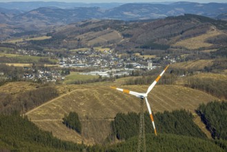 Aerial view, wind turbines and forest area with forest damage, Welschen Ennest, Kirchhundem,