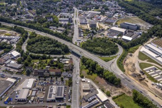 Aerial view, large construction site motorway junction Herne with tunnel construction, motorway A43