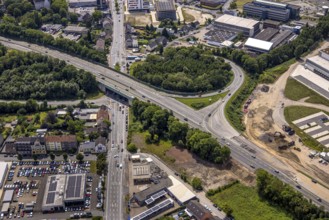 Aerial view, large construction site motorway junction Herne with tunnel construction, motorway A43