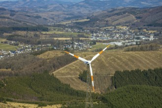 Aerial view, wind turbines and forest area with forest damage near Kruberg, Welschen Ennest,
