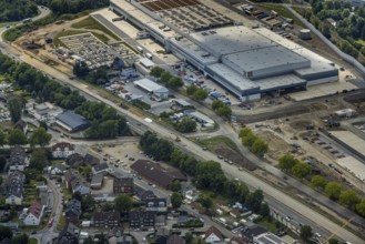 Aerial view, large construction site motorway junction Herne with tunnel construction, motorway A43