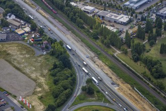 Aerial view, large construction site motorway junction Herne with tunnel construction, motorway A43