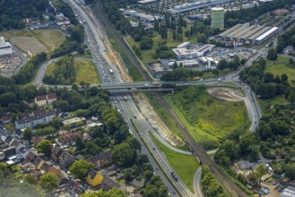Aerial view, large construction site motorway junction Herne with tunnel construction, motorway A43