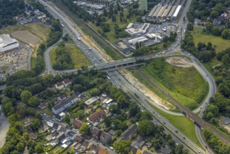 Aerial view, large construction site motorway junction Herne with tunnel construction, motorway A43