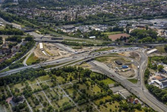 Aerial view, large construction site motorway junction Herne with tunnel construction, motorway A43