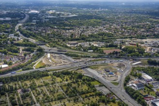 Aerial view, large construction site motorway junction Herne with tunnel construction, motorway A43