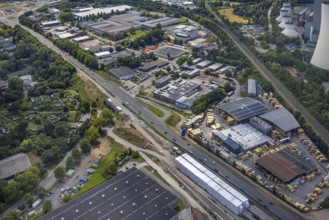 Aerial view, large construction site motorway junction Herne with tunnel construction, motorway A43
