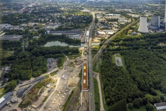 Aerial view, large construction site motorway junction Herne with tunnel construction, motorway A43