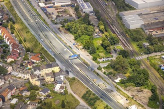 Aerial view, large construction site motorway junction Herne with tunnel construction, motorway A43