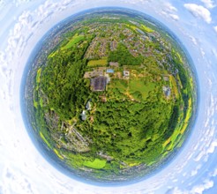 Gysenberg amusement park with forest area, Hannibal Arena Herne ice rink, globe, fisheye image, 360