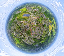 Residential area local view Sodingen with academy Mont-Cenis and tree avenue circle, globe, fisheye