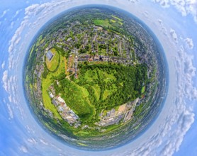 City forest Im Uhlenbruch, residential area Sodingen with academy Mont-Cenis and tree avenue
