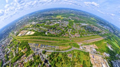 Horsthausen goods station and new residential area Horsthauser Straße, globe, fisheye image,
