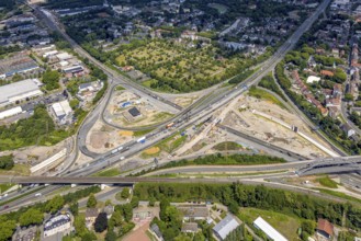 Aerial view, large construction site motorway junction Herne with tunnel construction, motorway A43