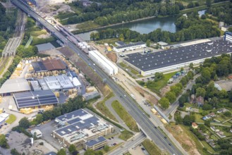 Aerial view, large construction site motorway junction Herne with tunnel construction, motorway A43